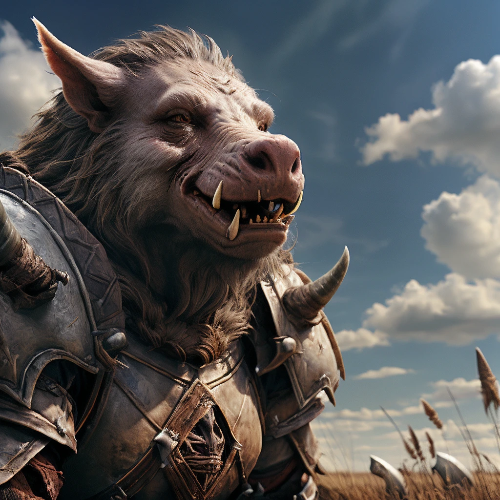 wereboar, 1other, no humans, solo, brown hair, outdoors, sky, day, cloud, armor, fangs, scar, tusks, blue sky, nature, field