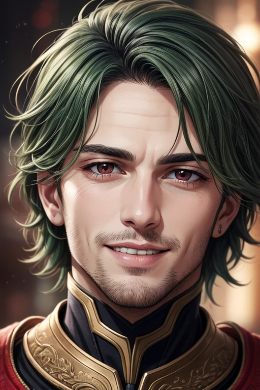beautiful detailed portrait, a handsome mature man, short messy green hair, high-tech, beautiful expressive red eyes, delicate round face, sharp chin, delicate nose, lush lips, confident grin, beautiful top, sci-fi, best quality, extemely detailed <lora:detail_slider_v4:1.3>