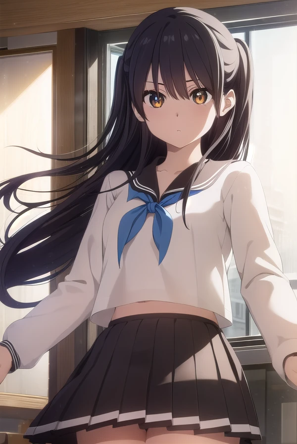 ruriichigyou, <lora:ruri ichigyou movie-lora-nochekaiser:1>,
ruri ichigyou, long hair, (black hair:1.5), hair between eyes, (brown eyes:1.2), two side up,
BREAK skirt, school uniform, pleated skirt, serafuku, black skirt, long sleeves,
BREAK indoors, classroom,
BREAK looking at viewer, (cowboy shot:1.5),
BREAK <lyco:GoodHands-beta2:1>, (masterpiece:1.2), best quality, high resolution, unity 8k wallpaper, (illustration:0.8), (beautiful detailed eyes:1.6), extremely detailed face, perfect lighting, extremely detailed CG, (perfect hands, perfect anatomy),