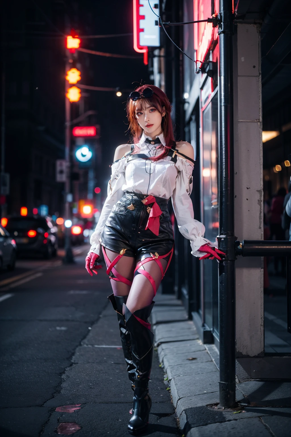 best quality, masterpiece, photorealistic, 1girl, solo, bangs, looking at viewer, full body, standing, arms at side, red hair, kafka cosplay costume, kafka, cosplay, eyewear on head, shirt, gloves, shorts, legwear under shorts, bare shoulders, off-shoulder shirt, off shoulder, thigh strap, purple pantyhose, long sleeves, asymmetrical boots, asymmetrical legwear, high heel boots, high-waist shorts, cityscape, city, cyberpunk, neon light, science fiction, future city, <lora:kafka_cosplay_costume:0.7>