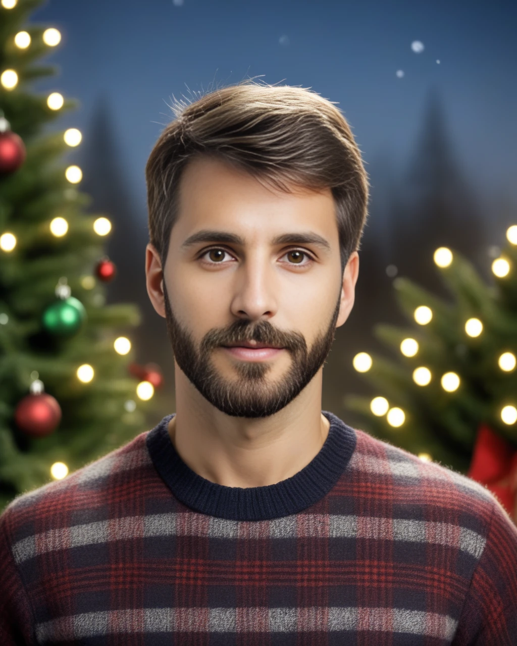 front view shot, portrait,
man,
brown hair, short hair, brown eyebrows,
beard,
christmas tree. 
<lora:detailedeyebrows_v0_2:0.8>