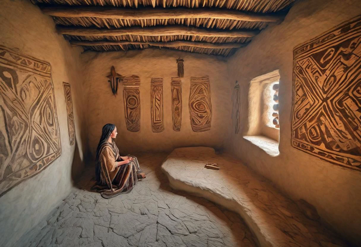 HDR,UHD,8K,Highly detailed,realistic,photo-realistic:1.37), A woman in primitive clothig inside a neolithic house, wall painted with patterns in neolithic style