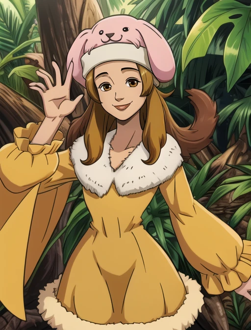 best quality, masterpiece, highres, detailed, digital artwork, <lora:Detail - add_detail:0.2>, HxHHina, animal hat, brown eyes, yellow dress, fur trim, <lora:HxHHina-10:0.8>, happy, smile, jungle