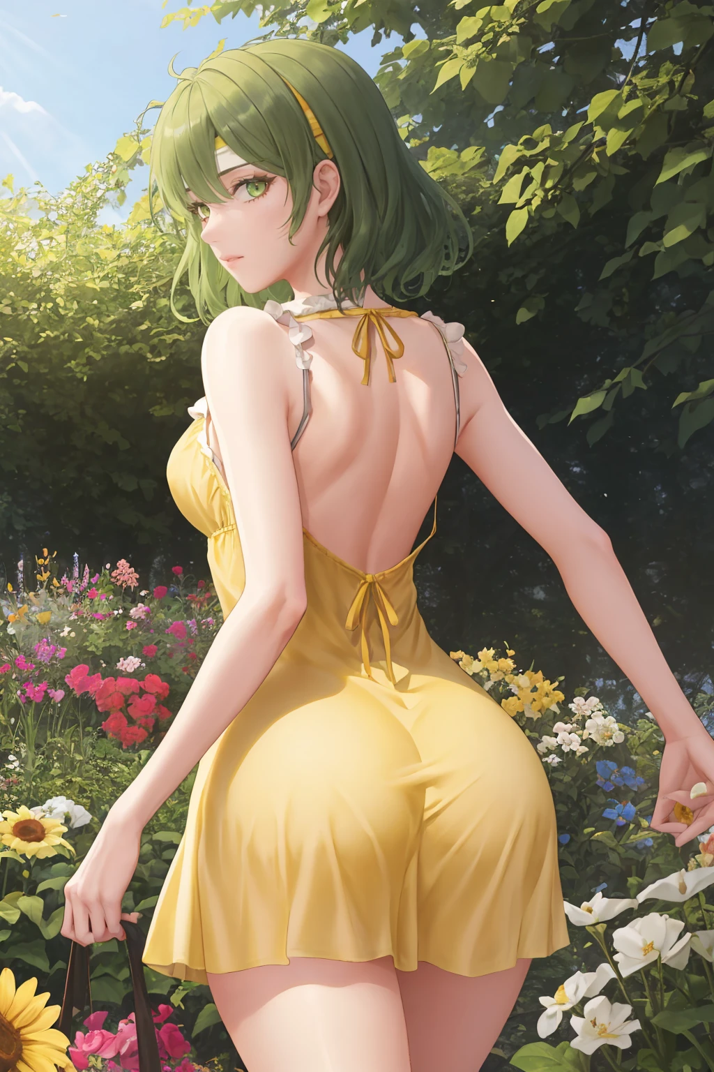 masterpiece, best quality, 1girl, solo, <lora:misha-fe-richy-v1:1> misha, headband, green hair, green eyes, messy hair, medium hair, (yellow sundress:1.3), garden, sun, sunbeam, sunlight, flowers, beautiful, fantasy, from behind, ass, thighs, backless outfit