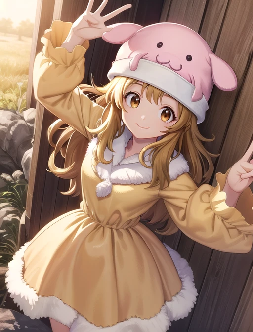 best quality, masterpiece, highres, detailed, digital artwork, <lora:Detail - add_detail:0.2>, HxHHina, animal hat, brown eyes, yellow dress, fur trim, <lora:HxHHina-10:0.8>, happy, smile, camp