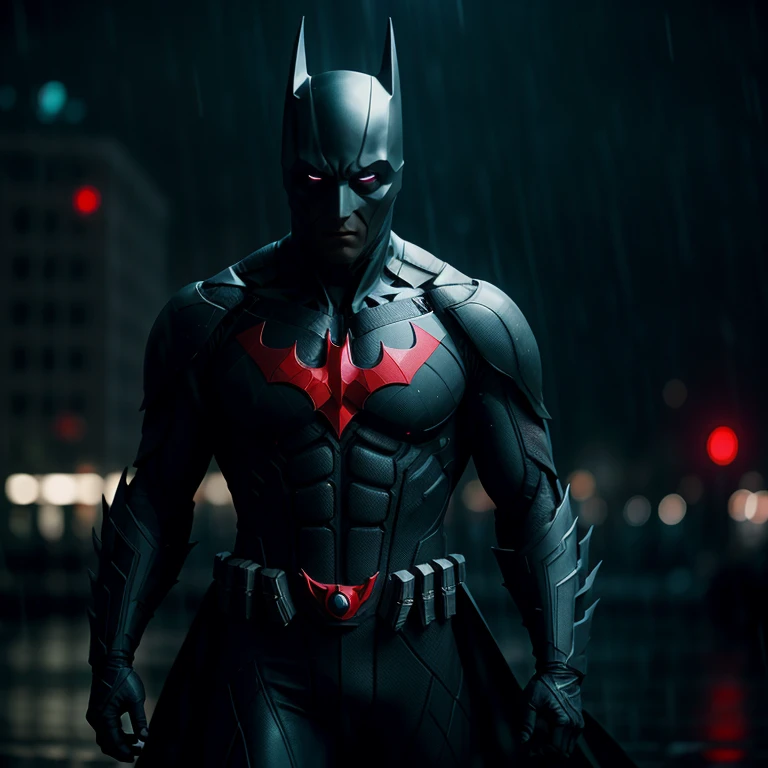 cinematic film still of <lora:Batman Beyond SD1.5:1.2>
Batman Beyond a man in a futuristic batman costume standing in the rain, shallow depth of field, vignette, highly detailed, high budget, bokeh, cinemascope, moody, epic, gorgeous, film grain, grainy