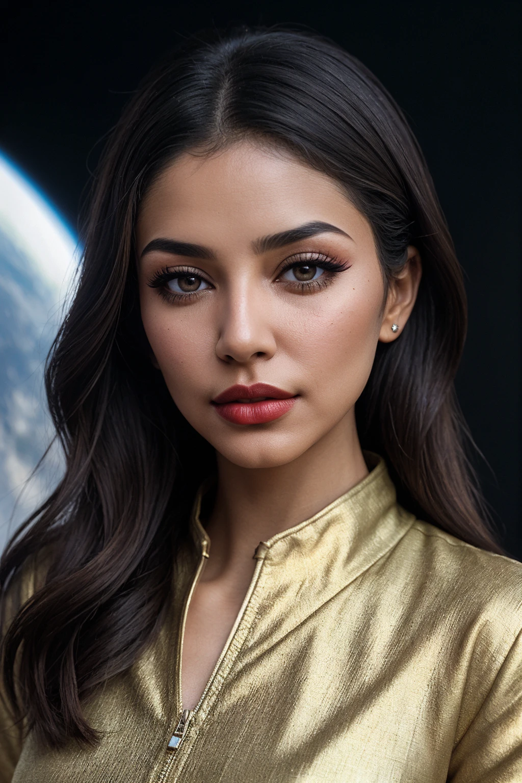 photo of (EPM33tS1ngh:0.99), closeup portrait, perfect hair, (modern photo, Tunic blouse), 24mm, (analog, cinematic, film grain:1.3), ((A futuristic spaceport, with sleek spacecraft ready for intergalactic travel and exploration, gradient:1.1)), ((detailed eyes)), ((eyeliner, long lashes)), (epicPhoto), long eyelashes, (perfect waist), (painted lips)