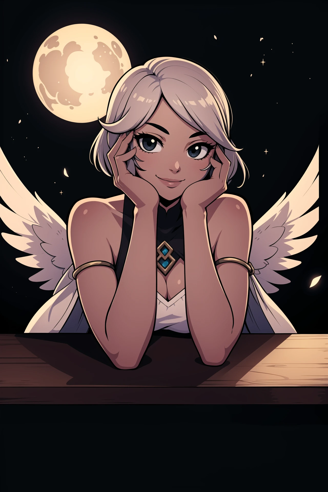 hotify,lying,wings,multiple wings,final fantasy,head wings,athena \(ff14\),smile,floating object,glowing,final fantasy xiv,hand on own face,elbow rest,black background,looking at viewer,grey skin,jingjue de yumiao,orb,floating,short hair