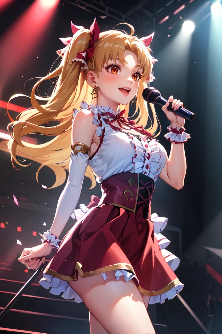 masterpiece, best quality, absurdres, EreshkigalFlowerSunshine, two side up, hair ribbon, idol, frilled dress, bow, detached sleeves, red skirt, on stage, holding microphone, showlights, audience, smile, :d, <lora:EreshkigalV2:1>