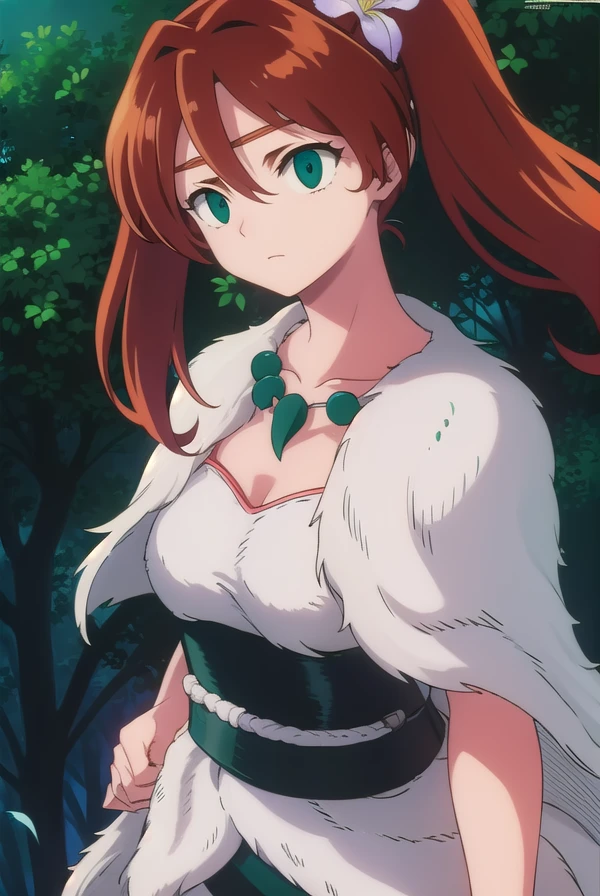 inuyashaayame, <lora:inuyasha ayame anime s4-lora-nochekaiser:1>,
ayame, long hair, brown hair, hair ornament, twintails, (green eyes:1.3), flower, red hair, sword, hair flower,
BREAK jewelry, necklace, cape, collarbone,
BREAK outdoors,
BREAK looking at viewer, (cowboy shot:1.5),
BREAK <lyco:GoodHands-beta2:1>, (masterpiece:1.2), best quality, high resolution, unity 8k wallpaper, (illustration:0.8), (beautiful detailed eyes:1.6), extremely detailed face, perfect lighting, extremely detailed CG, (perfect hands, perfect anatomy),