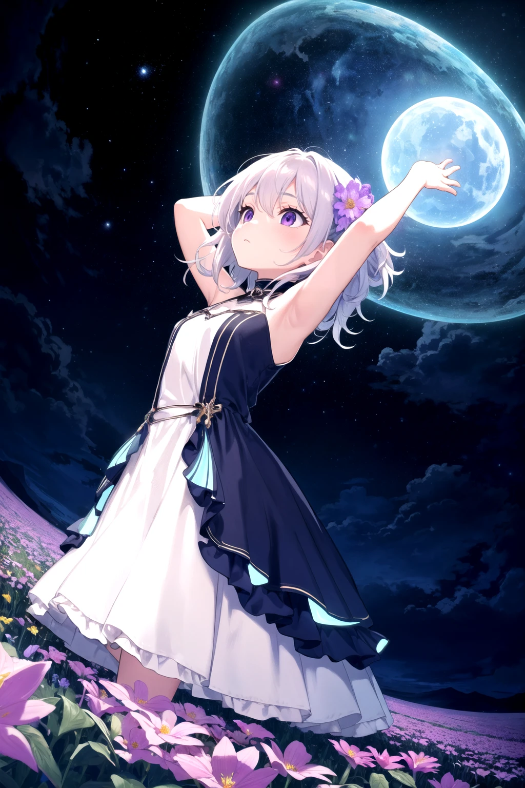 ((Fisheye lens view)), stretching the expanse of an alien landscape into an encompassing, distorted panorama.
Centered in the field is a ((lone young woman)), dressed in a flowing silver gown that shimmers with a luminescence of its own. Her hair is loose, floating around her as if defying gravity.
She stands amidst a ((field of alien flowers)), in shades of neon blues, purples, and pinks. The flowers should have an otherworldly design - think bio-luminescence, unusual petals, and surreal shapes.
Above, the ((sky)) is a deep indigo, scattered with constellations unfamiliar to our earthly gaze. A large exoplanet is visible in the sky, partially bathed in the light of a distant star, creating an awe-inspiring celestial view.
The woman is reaching out to a ((hovering creature)), a cross between a bird and a butterfly, with bioluminescent wings and eyes that match the neon flowers.
The ((atmospheric glow)) casts a surreal but beautiful illumination, causing the woman, the creature, and the flowers to glow softly.
((Emphasize the wonder)) in the woman's expression, the delicate interaction between her and the creature, and the vivid colors and surreal beauty of the alien landscape.
((Exceptional quality)), (Masterpiece), (8k CG wallpaper), ((the dreamer in an alien flower field)).