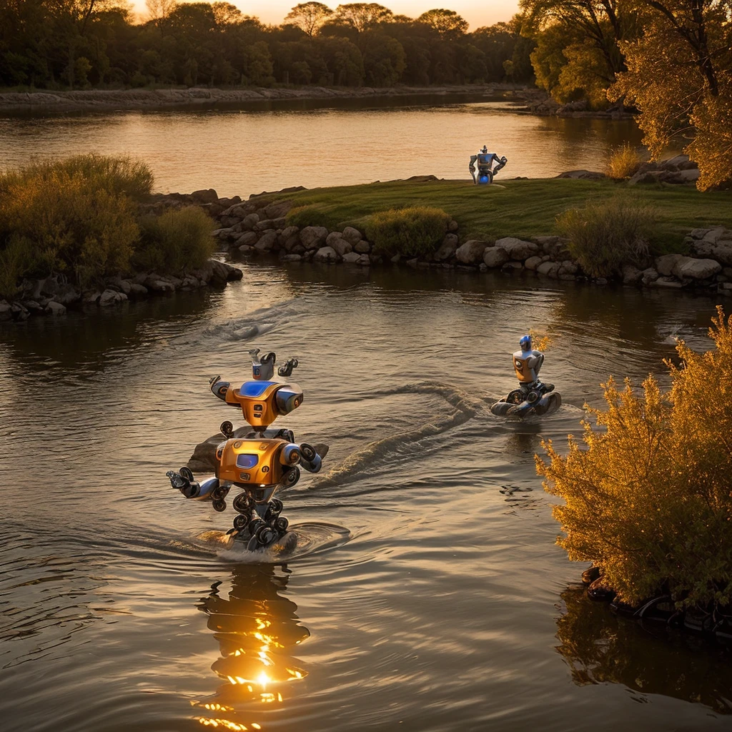 professional 3d model ( robotic:1.5) Golden Hour Romance Create a romantic scene with the robotic beauty in the river during the golden hour. Use soft, warm lighting, golden reflections, and a low camera angle to highlight the enchanting features. . octane render, highly detailed, volumetric, dramatic lighting