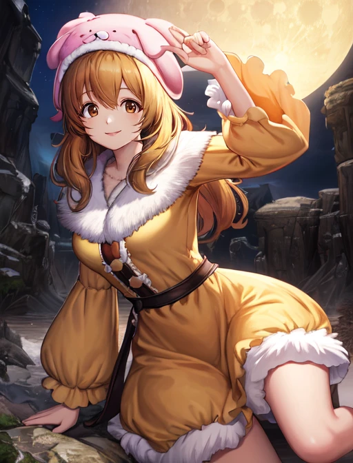 best quality, masterpiece, highres, detailed, digital artwork, <lora:Detail - add_detail:0.2>, HxHHina, animal hat, brown eyes, yellow dress, fur trim, <lora:HxHHina-10:0.8>, happy, smile, lunar base