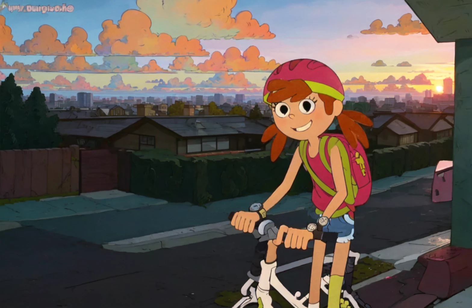 masterpiece, high quality, <lora:Amy Gillis SD1-5 V1:1> Amy Gillis, smile, orange hair, helmet, twintails, shorts, sleeveless, thighhigs, bag, black eyes, backpack, ground vehicle, watch, wristwatch, bicycle, outdoors, street, sunset