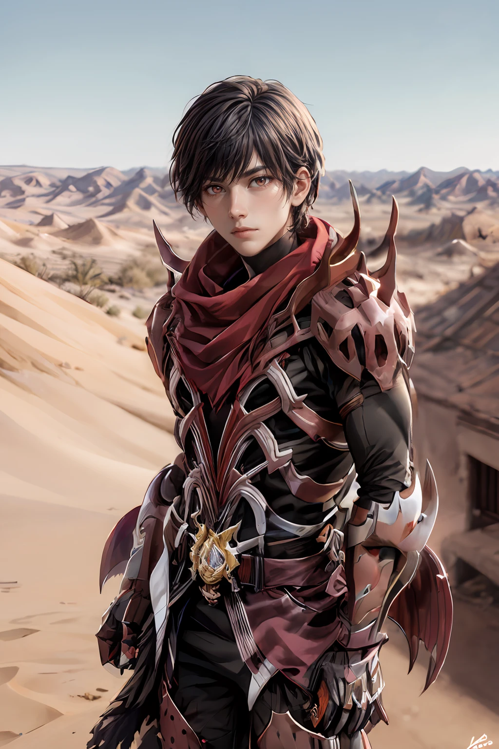 (masterpiece, best quality:1.2), absurdres, intricate detail, realistic, photorealistic, 4k, highres, 1boy, solo, black hair,  red eyes, fierce, red scarf, ragnarok_gx  <lora:ragnarok_gx-10:1>, cowboy shot,  looking away, desert background, <lora:add_detail:0.8>