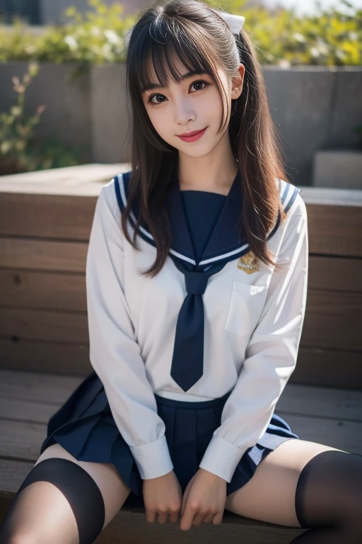 ltra-detailed,highly detailed,best quality,masterpiece,illustration,realistic,photorealistic, 
koudai, 1girl, solo, smile, 
school uniform, serafuku, sailor collar, pleated skirt, thighhighs, 
long hair, brown hair, bangs, 
looking at viewer, 
sitting, spread legs,
<lora:koudai_v1_03:0.7>