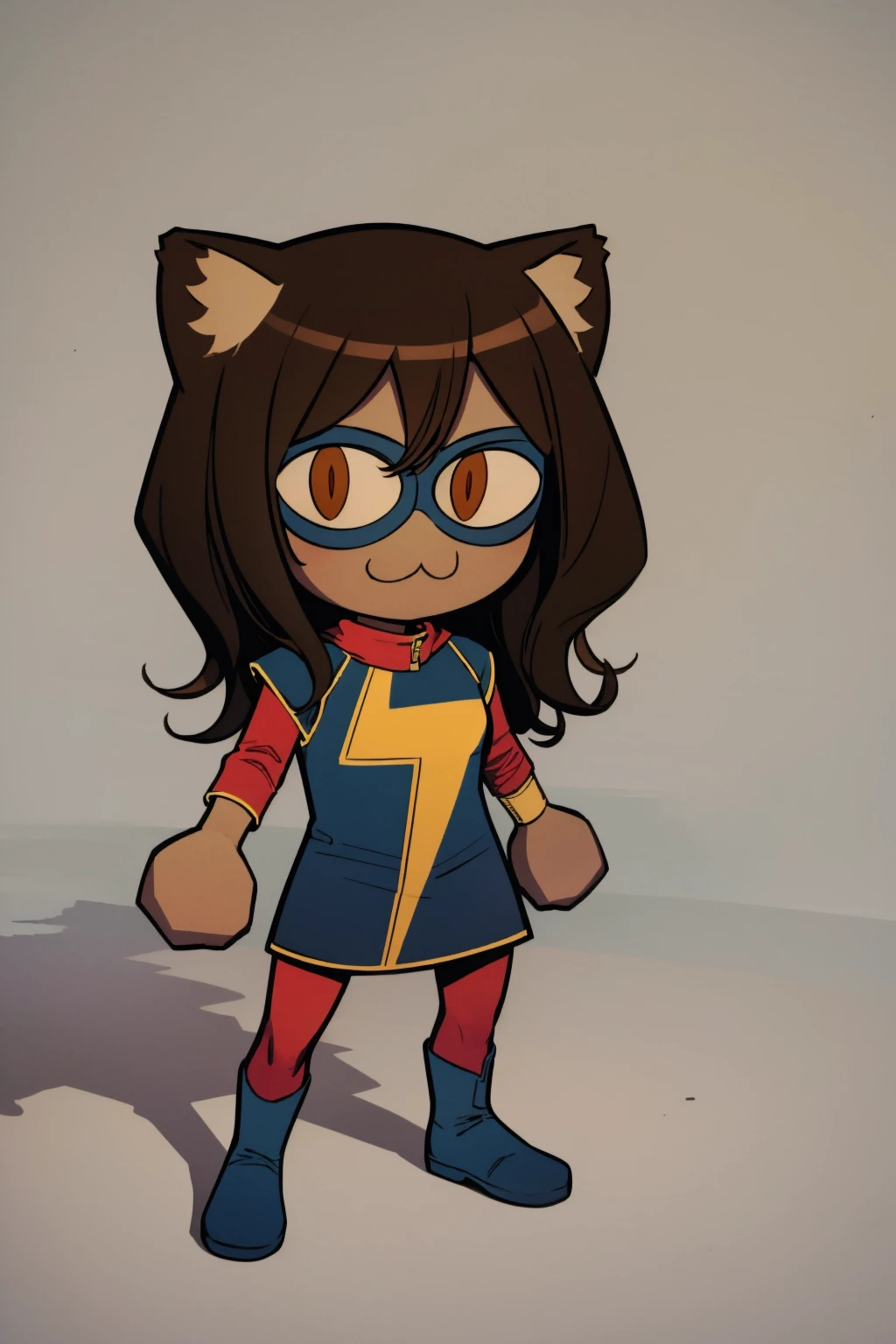 masterpiece, best quality, 1girl, kamalakhan, brown hair, long hair, brown eyes, dark skin, mask, red pantyhose, boots, :3, cat ears, chibi, cat girl, solo, slit pupils, solo, standing, solid grey background <lora:necoArcCharacters_necoArcv3final:1> <lora:KamalaKhan:1>