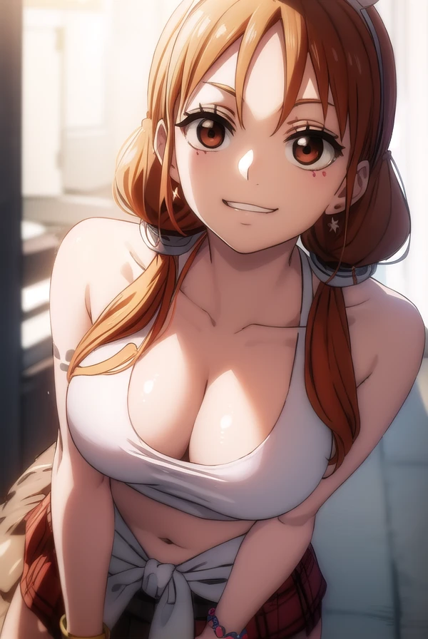 onepiecenami, <lora:nami red movie-lora-nochekaiser:1>,
nami, long hair, twintails, (brown eyes:1.5), orange hair, (forehead:1.2), smile, grin,
BREAK navel, cleavage, jewelry, collarbone, swimsuit, bikini, earrings, midriff, bracelet, crop top, tattoo, sunglasses, bikini top only, eyewear on head, bangle, clothes around waist, skirt, plaid skirt, pleated skirt, red skirt,
BREAK outdoors,
BREAK looking at viewer, (cowboy shot:1.5),
BREAK <lyco:GoodHands-beta2:1>, (masterpiece:1.2), best quality, high resolution, unity 8k wallpaper, (illustration:0.8), (beautiful detailed eyes:1.6), extremely detailed face, perfect lighting, extremely detailed CG, (perfect hands, perfect anatomy),