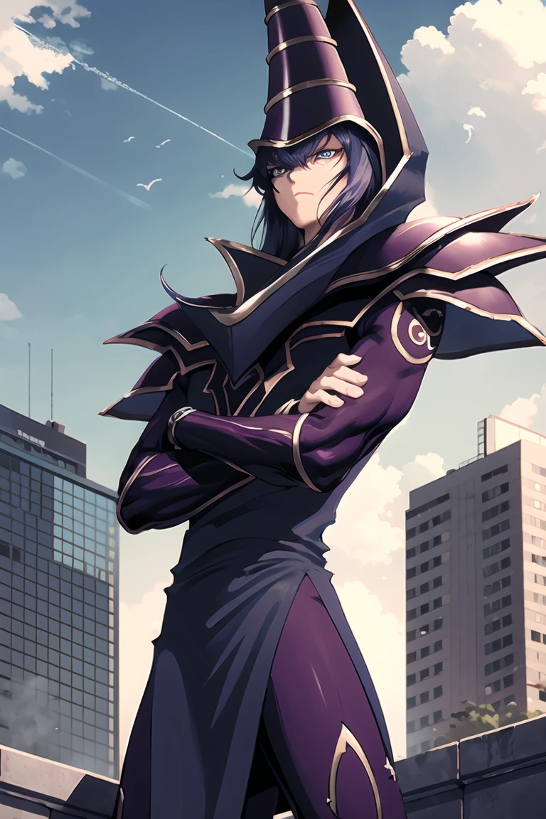 <lora:dm_ygo-10:1> ygodm, 1man, armor, robe, helmet, purple hair, blue eyes, standing, rooftop, skyscraper, from below, big city, crossed arms, looking at viewer