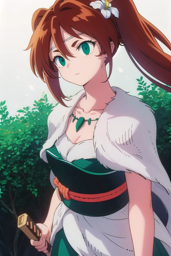inuyashaayame, <lora:inuyasha ayame anime s4-lora-nochekaiser:1>,
ayame, long hair, brown hair, hair ornament, twintails, (green eyes:1.3), flower, red hair, sword, hair flower,
BREAK jewelry, necklace, cape, collarbone,
BREAK outdoors,
BREAK looking at viewer, (cowboy shot:1.5),
BREAK <lyco:GoodHands-beta2:1>, (masterpiece:1.2), best quality, high resolution, unity 8k wallpaper, (illustration:0.8), (beautiful detailed eyes:1.6), extremely detailed face, perfect lighting, extremely detailed CG, (perfect hands, perfect anatomy),