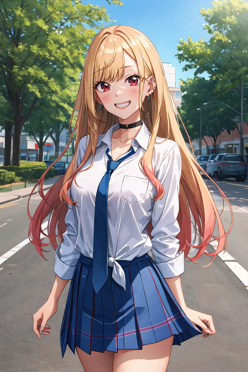 masterpiece, best quality, highres, kitagawa marin, 1girl, blonde hair, long hair, multicolored hair, red eyes, jewelry, earrings, piercing, school uniform, white shirt, tied shirt, black choker, blue necktie, plaid skirt, <lora:kitagawa_marin_v1-1:0.7>, grin, smile, standing, cowboy shot, outdoors, <lora:Bonnie-Style_448248:1>