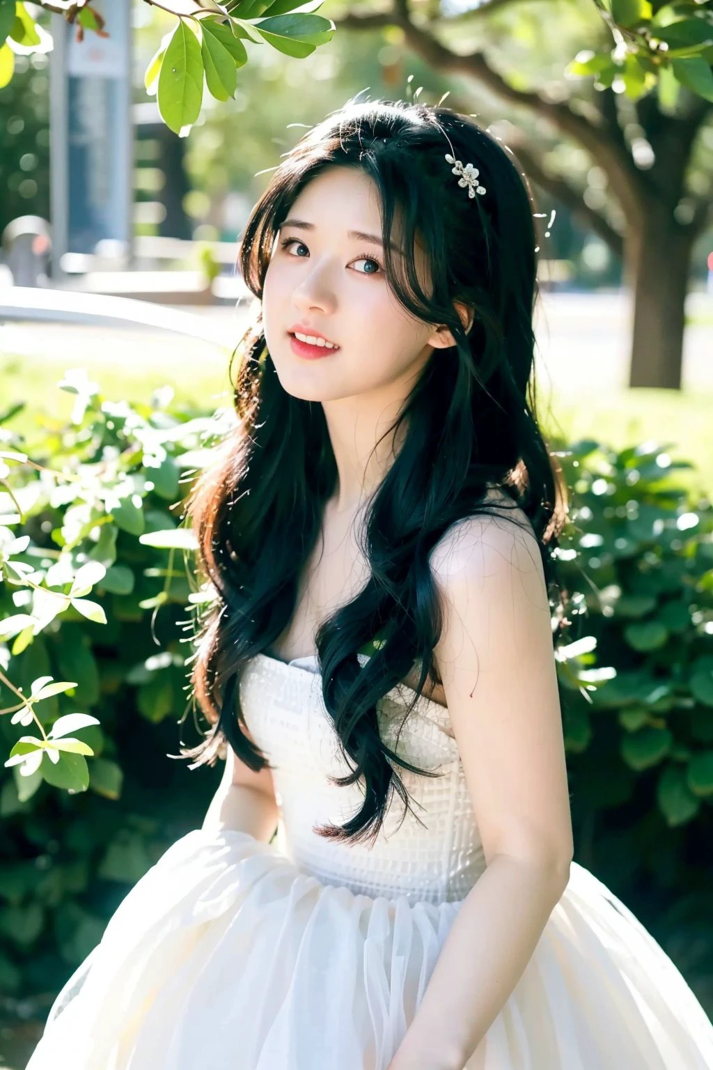 1girl,long hair,black hair,dress,upper body,realistic,park,outdoors,wedding_dress,sunlight,