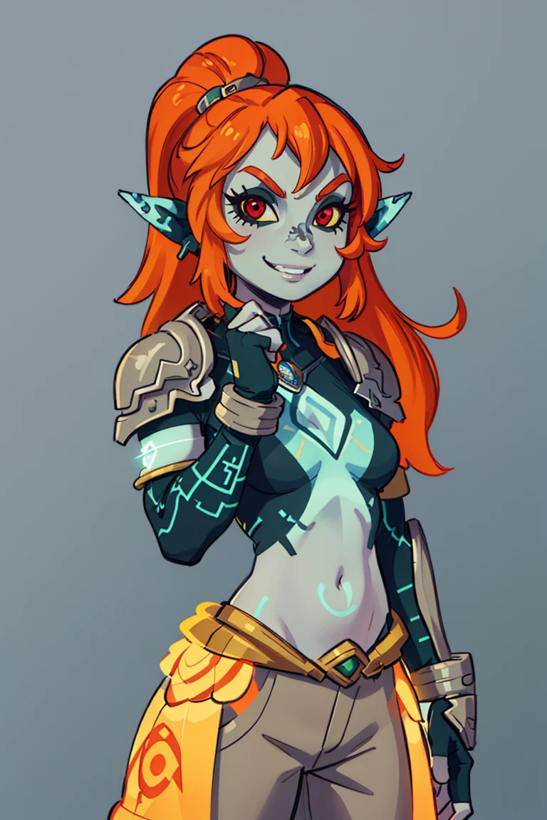 ((masterpiece,best quality)), <lora:Twilight_Theme_Zelda_Anime:0.8>, (Twilight_Theme_Zelda), glow, glowing, green glow, dark skin, grey skin, glowing tattoo, pointy ears, 1girl, smile, red eyes, orange hair, yellow sclera, smug, shiny metal, fingerless gloves, armor, shoulder armor, gauntlets