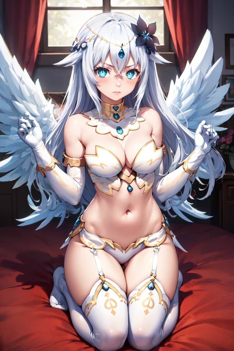 masterpiece, best quality, absurdres, BlackHeartAngel, symbol-shaped pupils, hair flower, hair ornament, angel, wings, revealing clothes, white gloves, white thighhighs, indoors, on bed, seiza, blush, <lora:BlackHeart:1>