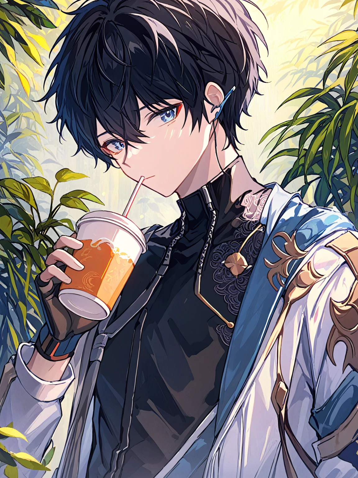 <lora:dan_heng:1>,1boy, male_focus, solo, black_hair, blue_eyes, cup, holding_cup, closed_mouth, looking_at_viewer, jacket, short_hair, shirt, gloves, upper_body, long_sleeves, fingerless_gloves, holding, plant, bangs, hair_between_eyes, black_shirt, white_jacket, drinking_straw, open_jacket, open_clothes, disposable_cup, earphones