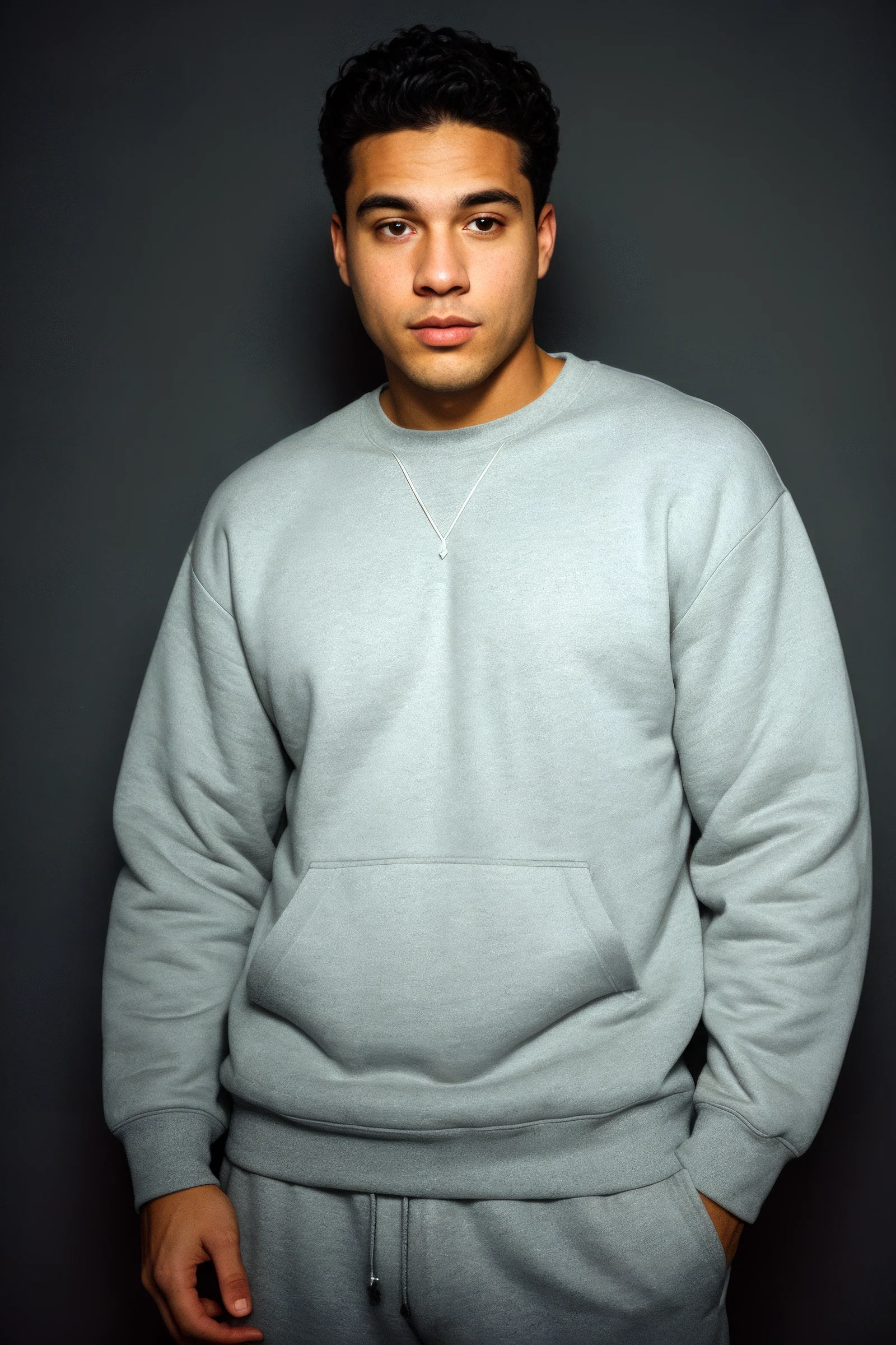 large format photo of a man, anxious facial expression, gray crewneck sweatshirt, jogger sweatpants and sneakers, upper body, under bounced lighting, from below, shot on a Kodak Brownie