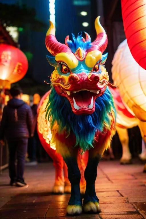 A vivid and ((multicolored Qilin), midnight, in a chinese red lantern festival street with people walking around), magnificent horns, vibrant feathers, majestic and legendary, captures attention with its vibrant hues, colorful high contrast, from china, festival of rich colors, hong kong, epic colors, formidable, rain, eyes lit, standing in the dark, anamorphic lens flares 4k, best of behance, holy flame crown spell, creative commons attribution, wallpaperflare, steven jung, trending on mentalray, hyper realstic, featured on pexels, big horn, highly beautiful, casting a magic spell, color overlay, ð, pr0f3ss10n4l, <lora:QilinSDXL:1.35> <lora:sdxl_LCM_lora_rank1:1.15>