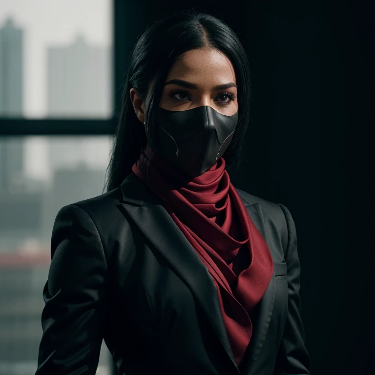 cinematic film still of <lora:Mortal Kombat Style SD1.5:1.2>
Super Shredder a woman in a black suit with a red scarf Mortal Kombat Style, shallow depth of field, vignette, highly detailed, high budget, bokeh, cinemascope, moody, epic, gorgeous, film grain, grainy