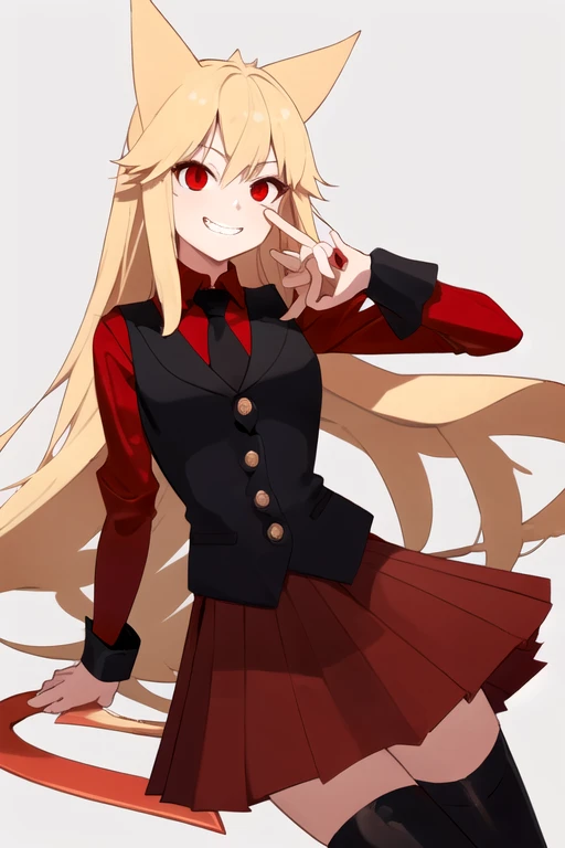 <lora:Moge-ko-08:0.5>, 1girl, solo, long hair, blonde hair, simple background, red eyes, long black sleeves, animal ears, tail, cowboy shot, pleated skirt, grin, vest, red skirt, (red shirt), black necktie, long black stockings, black boots, from the front, full body, masterpiece
