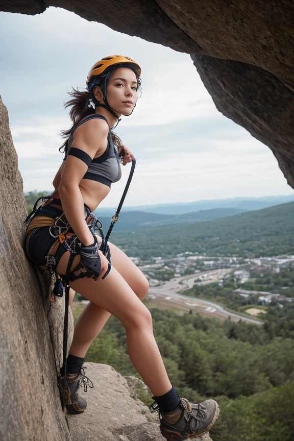 "A woman in a daring rock climbing gear on a rugged cliff face, her pose focused and strong. Her makeup is non-existent, and her hair is secured under a climbing helmet."