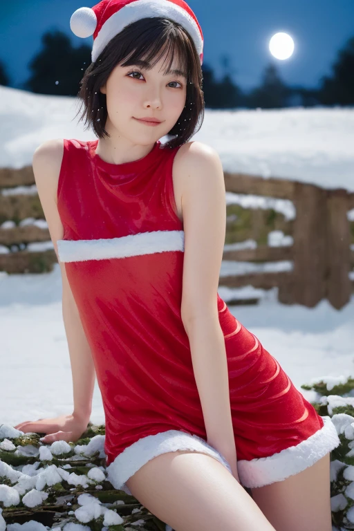 1girl,(wearing santa girl costume:1.8),(mini skirt:1.6),(RAW photo, best quality), (realistic, photo-realistic:1.4), masterpiece, an extremely delicate and beautiful, extremely detailed, 2k wallpaper, Amazing, finely detail, extremely detailed CG unity 8k wallpaper, ultra-detailed, highres, soft light, beautiful detailed girl, extremely detailed eyes and face, beautiful detailed nose, beautiful detailed eyes,cinematic lighting,(at night:1.8), (snow scenery:1.2),(snow field:1.8),perfect anatomy,slender body,smiling, (short hair:1.4), <lora:isobekarin_lora-13:0.7>