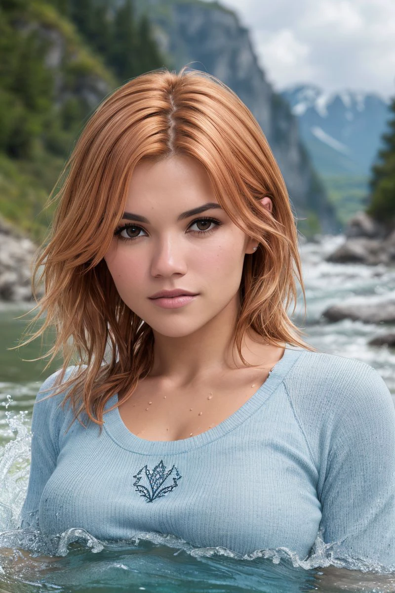 portrait of S265_ViollaA,a beautiful woman,swimming in a (rapids:1.15),wearing a (long-sleeved crewneck:1.1),(wet-hair),(4k, RAW photo, best quality, depth of field, ultra high res:1.1),(absurdres, intricate, photorealistic, masterpiece, ultra-detailed:1.2),