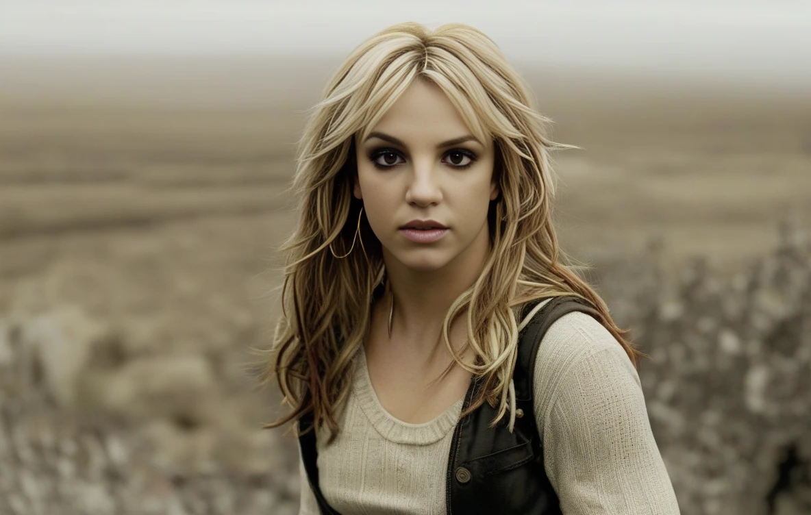 BritneySpears,Haunted by the memory of a lost loved one, a young woman embarks on a journey to understand their legacy and find her own place in the world. (Slow pan across a vast landscape mirroring the emptiness within the young woman, then a focus on her finding a hidden message that sparks her journey).<lora:BritneySpearsSDXL:1>