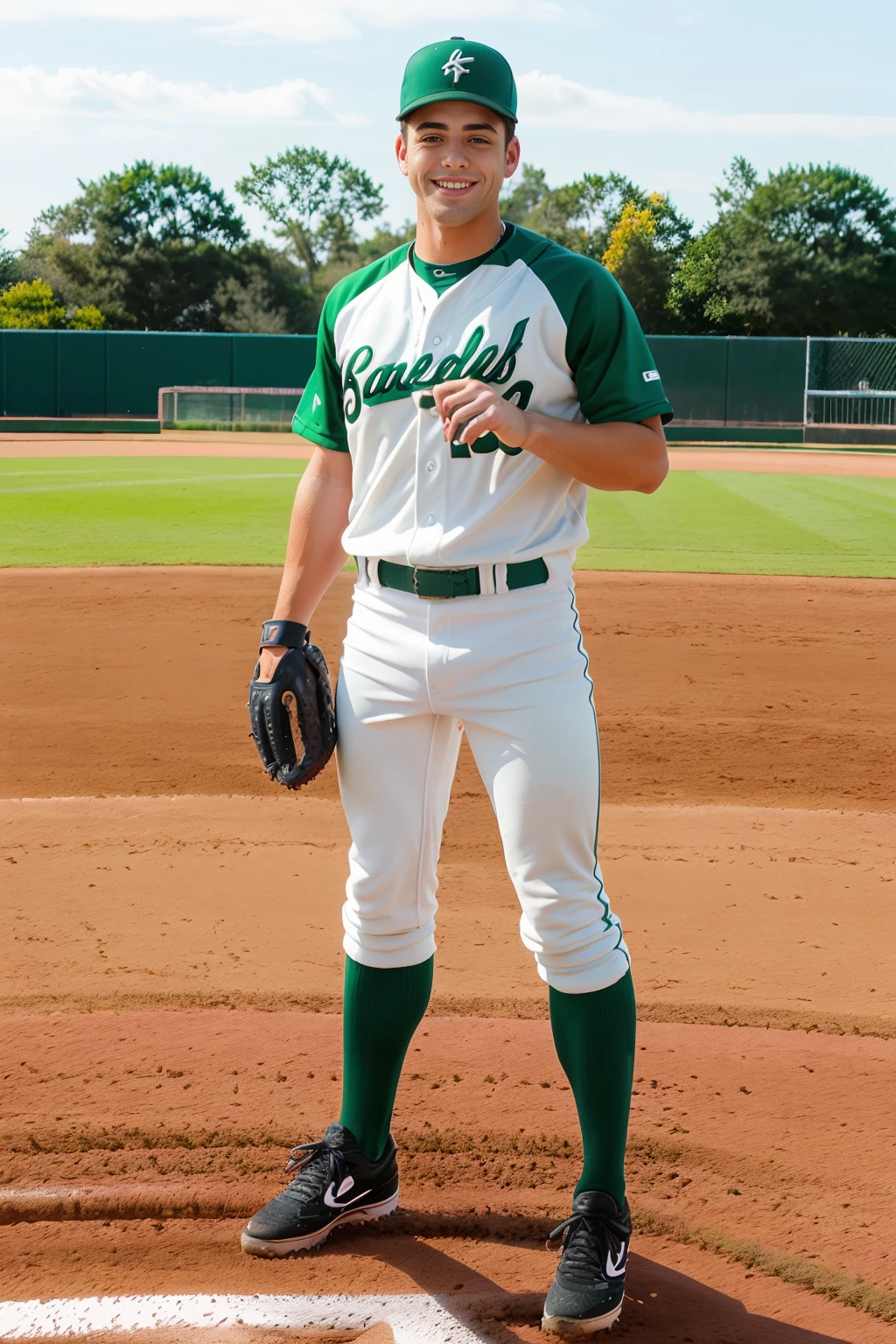 outdoors, ((baseball field)), standing on pitching mound, pitching, JoeyMills, baseballplayer, baseball uniform, pine green jersey, jersey number 7, (white pants), pine green socks, black sneakers, pine green baseball cap, glove, fielding position, smiling, (((full body portrait))), wide angle   <lora:Clothing - Sexy Baseball Player:0.65>  <lora:JoeyMills:0.8>