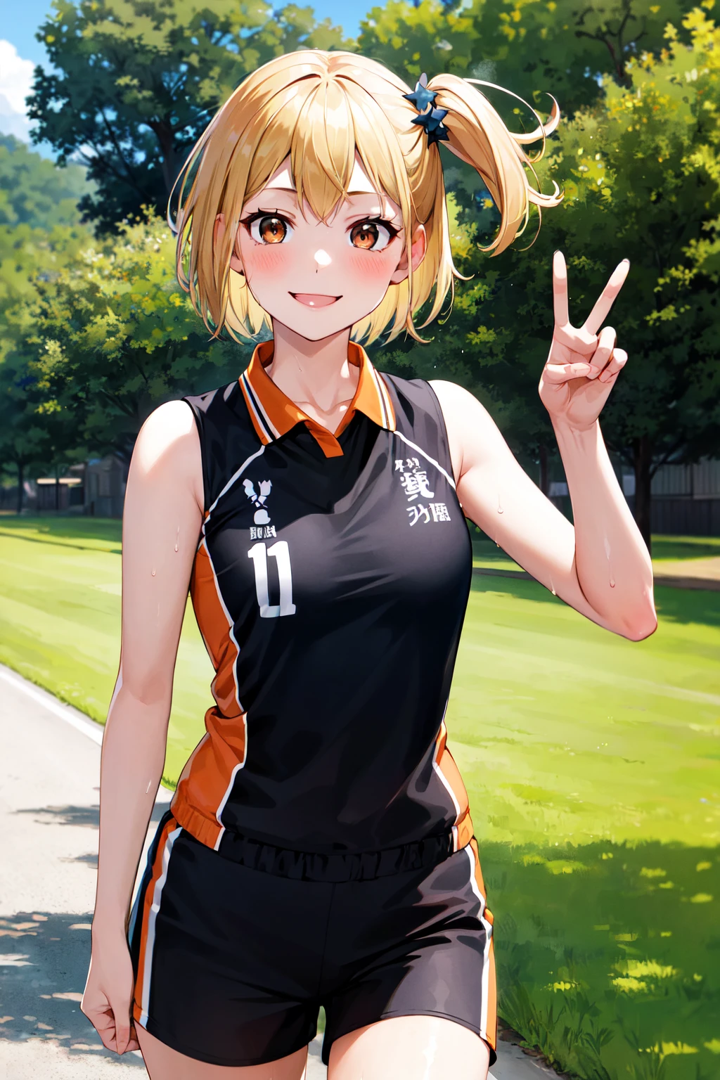 masterpiece, best quality, highres, 1girl, solo, short hair, one side up, blonde hair, brown eyes, sportwear, uniform, black shirt, sleeveless, black shorts <lora:yachi_hitoka_v1:0.7>, peace sign, smile, sweat, outdoors,