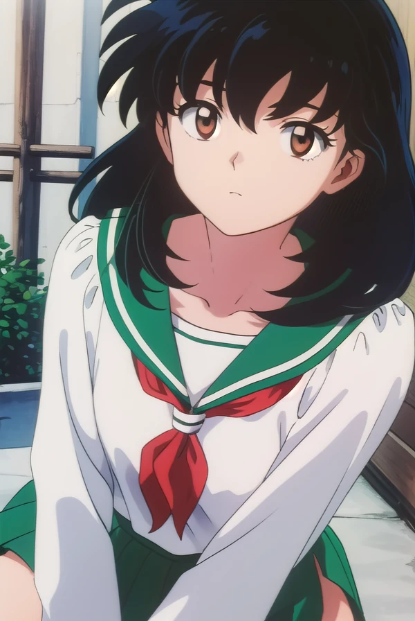 kagomehigurashi, <lora:kagome higurashi anime s4-lora-nochekaiser:1>,
kagome higurashi, long hair, (black hair:1.5), retro artstyle, (brown eyes:1.5),
BREAK skirt, shirt, long sleeves, school uniform, white shirt, pleated skirt, serafuku, sailor collar, neckerchief, green skirt, red neckerchief,
BREAK outdoors,
BREAK looking at viewer, (cowboy shot:1.5),
BREAK <lyco:GoodHands-beta2:1>, (masterpiece:1.2), best quality, high resolution, unity 8k wallpaper, (illustration:0.8), (beautiful detailed eyes:1.6), extremely detailed face, perfect lighting, extremely detailed CG, (perfect hands, perfect anatomy),
