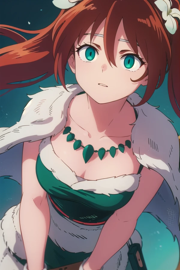 inuyashaayame, <lora:inuyasha ayame anime s4-lora-nochekaiser:1>,
ayame, long hair, brown hair, hair ornament, twintails, (green eyes:1.3), flower, red hair, sword, hair flower,
BREAK jewelry, necklace, cape, collarbone,
BREAK outdoors,
BREAK looking at viewer, (cowboy shot:1.5),
BREAK <lyco:GoodHands-beta2:1>, (masterpiece:1.2), best quality, high resolution, unity 8k wallpaper, (illustration:0.8), (beautiful detailed eyes:1.6), extremely detailed face, perfect lighting, extremely detailed CG, (perfect hands, perfect anatomy),