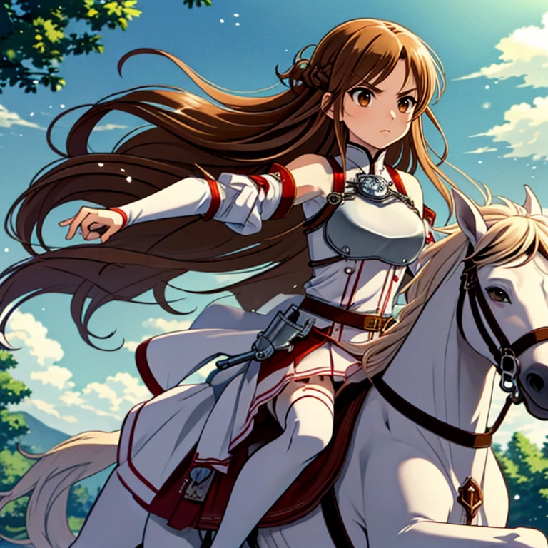 <lora:LCM_LoRA_Weights_SD15:1>,masterpiece,best quality,highly detailed,1girl,solo,serious,concentrating,v-shaped eyebrows,
<lora:asuna_(sao)_v1:0.7>,aaasuna,long hair,brown hair,braid,brown eyes,bare shoulders,armor,breastplate,white sleeves,detached sleeves,red skirt,pleated skirt,white thighhighs,
BREAK
<lora:whitePrince:0.4>,white horse,riding,horseback riding,horse,noble steed,(((rearing up,pulling rein,rearing))),