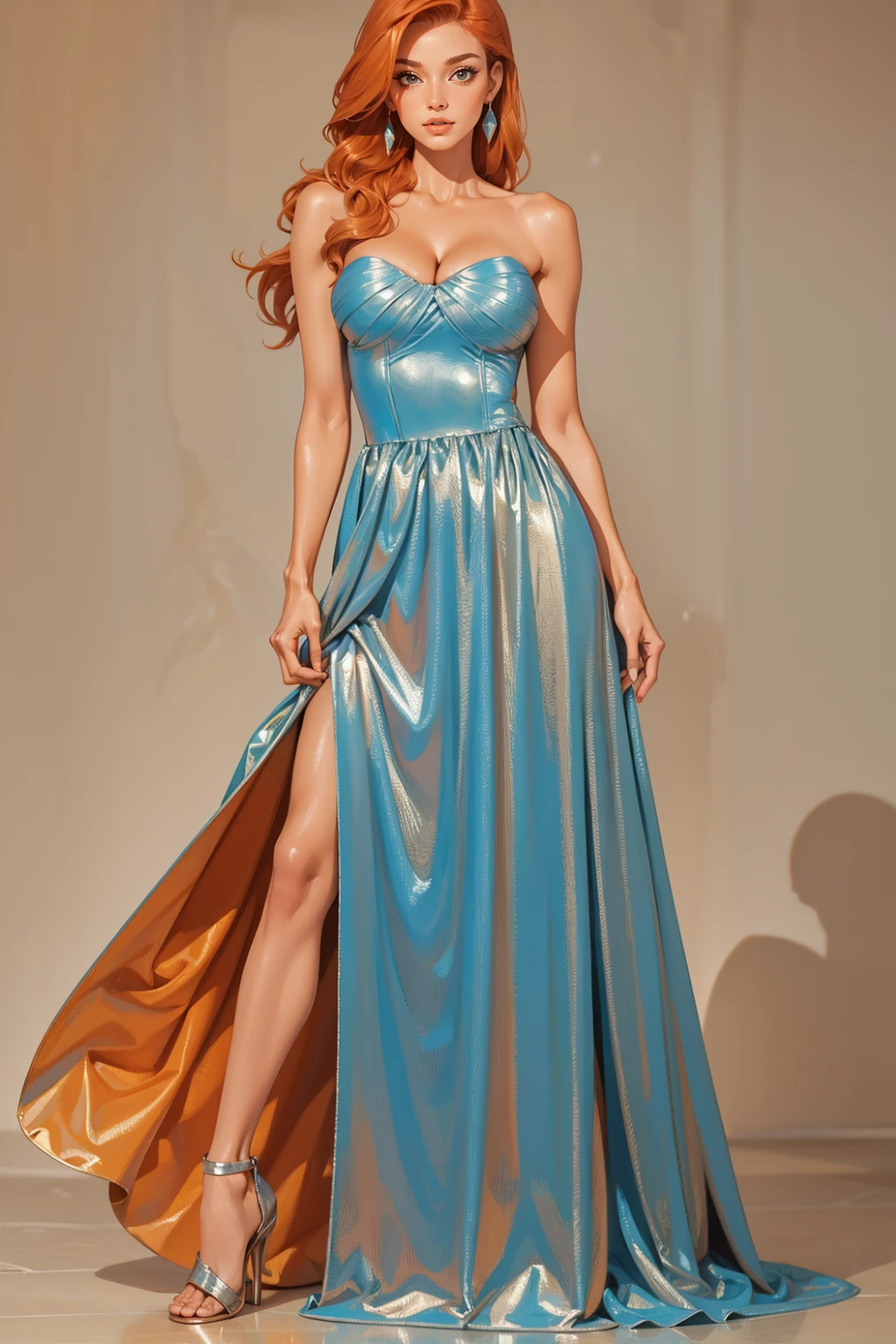 masterpiece, best quality, <lora:age_slider_v6:1>  <lora:detail_slider_v4:2> 1girl, m3tp3tal, dress, cleavage, bare shoulders, standing, full body, high heels, strapless, strapless dress, metallic dress,  <lora:m3tp3tal:0.7> long hair, orange hair,  simple background, grey background,