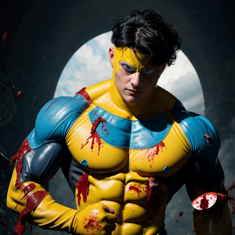 <lora:Invincible SD1.5:1.2>
Invincible a man in a torn yellow superhero costume and blue boots with a bloody arm and a fist and squishy blood all over him with a bodybuilding ribbed body and a broken oval white eyes
