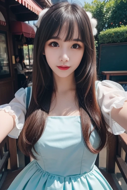 ltra-detailed,highly detailed,best quality,masterpiece,illustration,realistic,photorealistic,
koudai, 1girl, solo, cosplay, teacher,
puffy short sleeves dress,princess dress,
long hair, brown hair, bangs,
looking at viewer,
upper body,
disneyland, park,
<lora:koudai_v1_03:0.7>