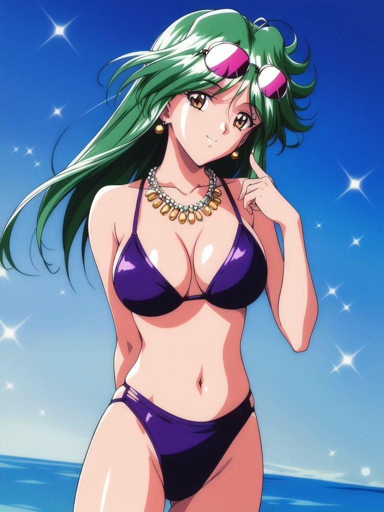 <lora:swatty:0.8>, swatty, 1girl, soro, long_hair, blue_eyes, green_hair, floating_hair, hair_rings, earrings, jewelry, braid, purple_eyes,
blush, swimsuit, summer, beach, sea, cowboy shot,
masterpiece, high quality, very_high_resolution, large_filesize, full color,
1990s \(style\), anime, anime_screencap, animated gif, mp4 ,video, animated,