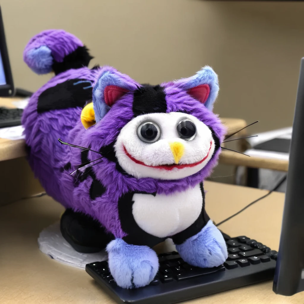 purple and black cheshire cat peepy 6sitting at a computer, commiting tax fraud. there is a gun on the desk <lora:pee-001200:1>