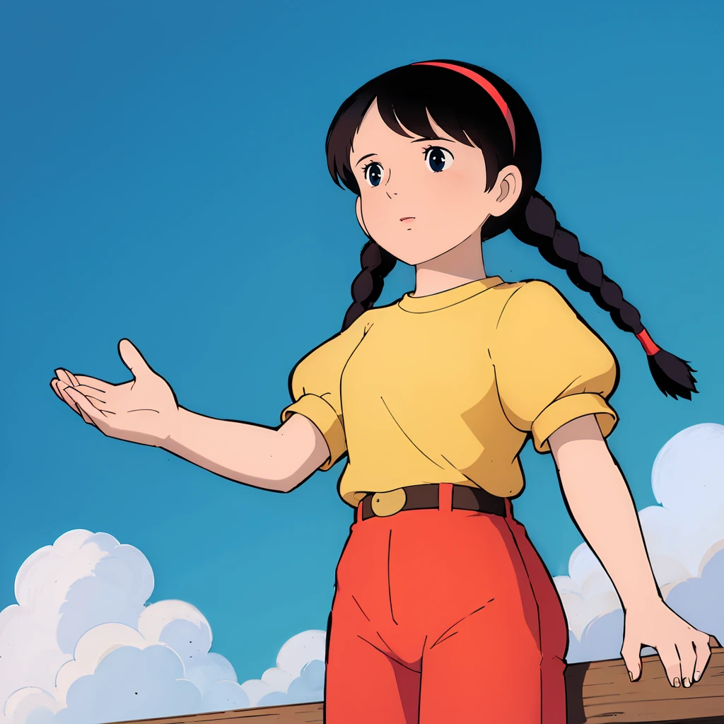 <lora:Sheeta002:0.7>,
Sheeta,1girl,solo,
braids,
yellow_short_sleeve_shirt,
(red_pants:1.2),
blue sky,