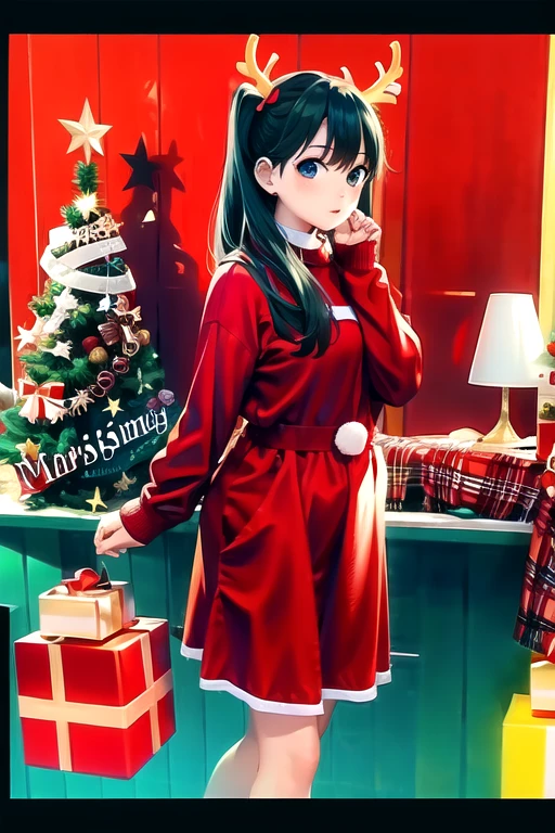 (masterpiece:1.2), best quality, masterpiece, highres, original,perfect light, 4k,8k,1girl, antlers, black hair, brown eyes, brown hair, candy cane, christmas, christmas lights, christmas ornaments, christmas tree, earrings, gift, gift box, holly, jewelry, lantern, lips, lipstick, long hair, long sleeves, looking at viewer, merry christmas, paper lantern, parted lips, realistic, red background, red moon, red theme, santa costume, santa hat, sleeves past wrists, snow, snowing, solo, star \(sky\), torii,<lora:christmas_real-000014:0.8>