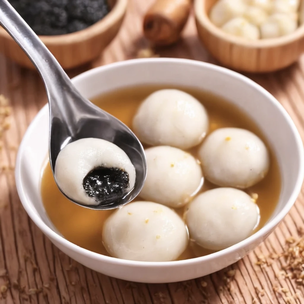 For a realistic style image of a spoon with some food in it,<lora:Tang_yuan:0.85>,jizz filling,